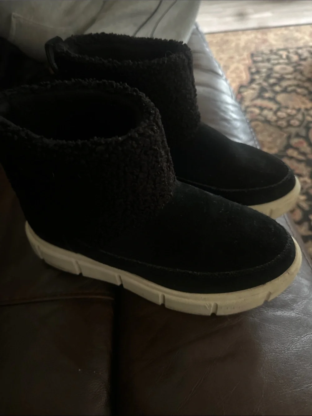 Sorel woman’s explorer 3 Black Suede Fold-Over Sherpa Boot with Cream Sole